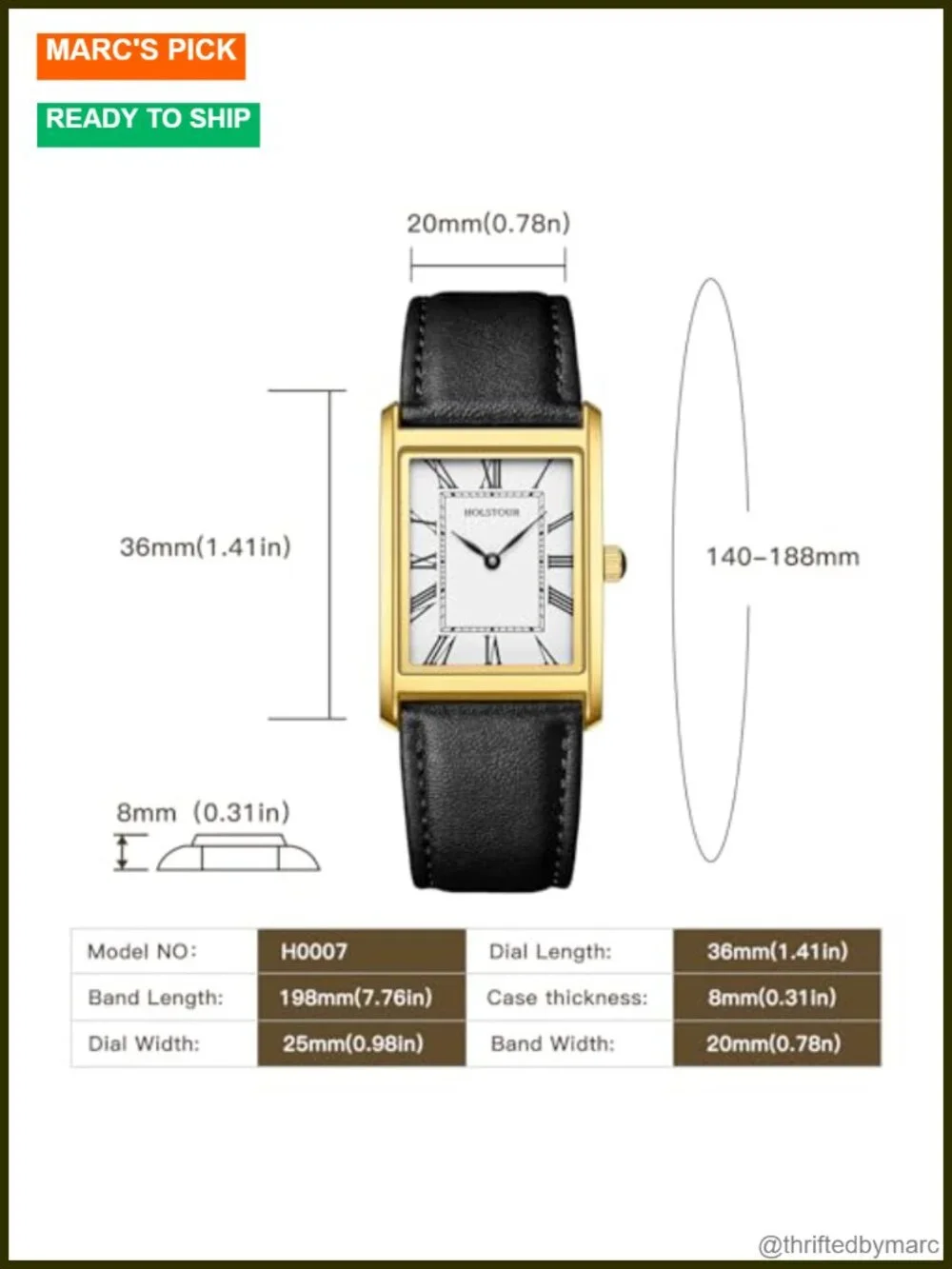 Men's Rectangle Roman Numeral Wrist Watch with Leather Strap 3ATM Water